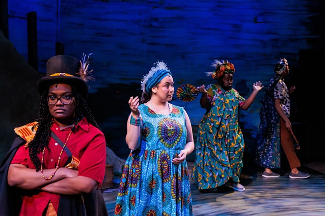 The four gods of "Once on This Island": Catherine Gregory as Papa Ge, Ariana Kizu Rivera as Erzulie, Alvis Green Jr. as Asaka, and Cameron Tyson as Agwe. - PHOTO BY RON HEERKENS JR./GOAT FACTORY MEDIA