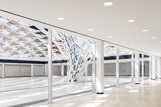 "Common Sky" is the anchor artwork in the renovated Knox Building. Comprising the ceiling and funneling to the floor of the Town Square space, the artwork creates an indoor-outdoor tension. - IMAGE COURTESY THE BUFFALO AKG ART MUSEUM