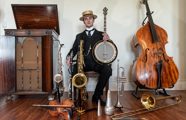 Eastman School of Music student Gavin Rice is an early-jazz practitioner and collector of more than 50 vintage instruments dating back more than a century. - PHOTO BY JACOB WALSH