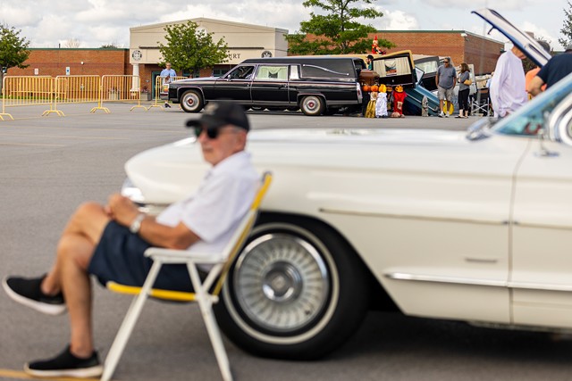 Hearses line up for the End of Summer Car Show & Motorcade. - LAUREN PETRACCA