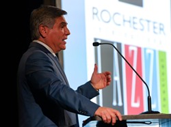 Marc Iacona, Rochester International Jazz Festival executive director, talks about the 27 free shows that will be held at Parcel 5 during the 2022 festival at an announcement at the Theater at Innovation Square on Tuesday, March 15, 2022. - MAX SCHULTE/WXXI NEWS