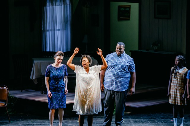 Kate Johnson, Kearstin Piper Brown and bass Joshua Conyers in the final scene of Finger Lakes Opera's world premiere production of "Two Corners" on JUne 28, 2024. - KELLY KESTER PHOTOGRAPHY