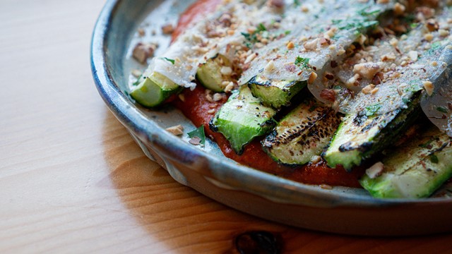 Zucchini and lardo: Lardo from La Salumina of the Hudson Valley, complemented by zucchini on a piquillo pepper romesco with gochujang and almonds. - PETE WAYNER.