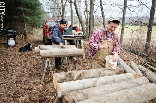 Noah and Abe inoculate the logs with a mushroom spawn and it will take about a year or longer before mushrooms can be harvested. - PHOTO BY MARK CHAMBERLIN