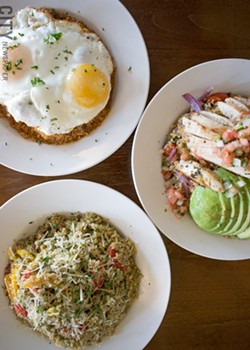 Quinoa bowls at Blades. Top: the Purgatory Quinoa with egg; right: the Saha Quinoa with chicken; and bottom left: the Pomodoro Quinoa. - PHOTO BY RENÉE HEININGER