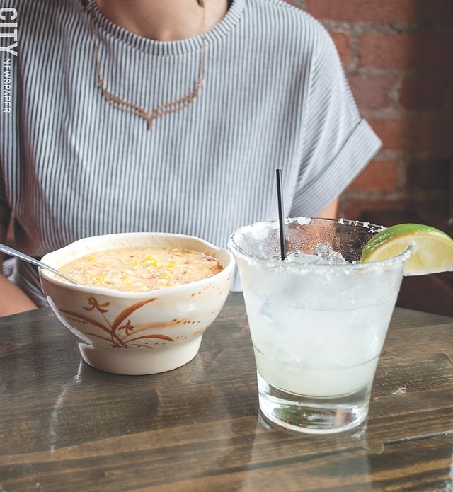 A warming roasted corn soup special and margarita. - PHOTO BY REBECCA RAFFERTY