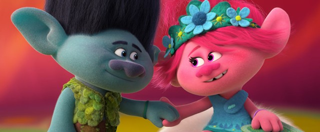 Branch and Poppy (voiced by Justin Timberlake and Anna Kendrick) in a scene from "Trolls World Tour."