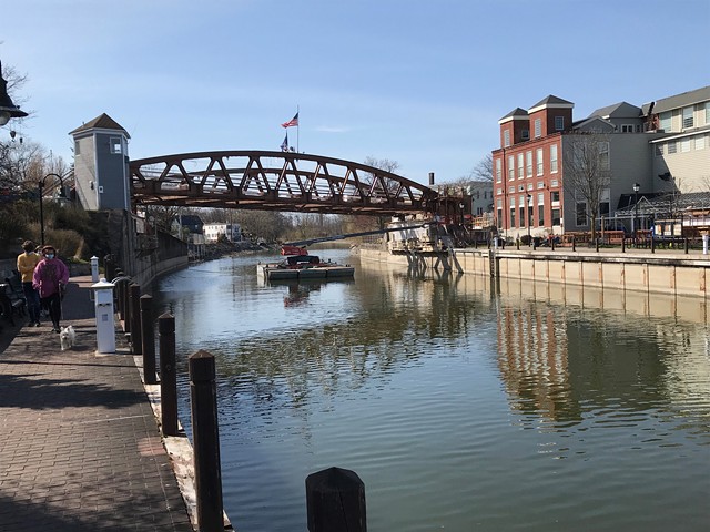The Erie Canal in Fairport in April 2020. The state is delaying the May 15 opening of the canal to recreational users because the coronavirus pandemic halted necessary work on eight locks along the waterway.