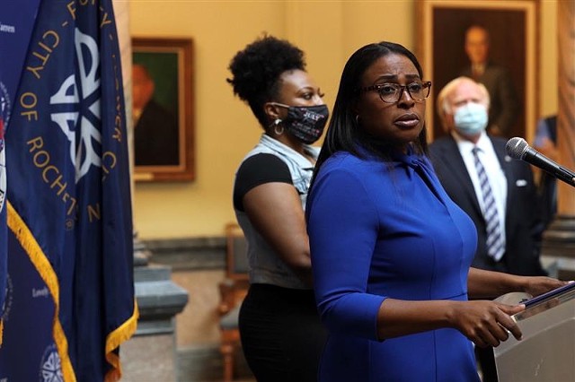 Mayor Lovely Warren addresses reporters during a City Hall news conference on Sept. 3, 2020.