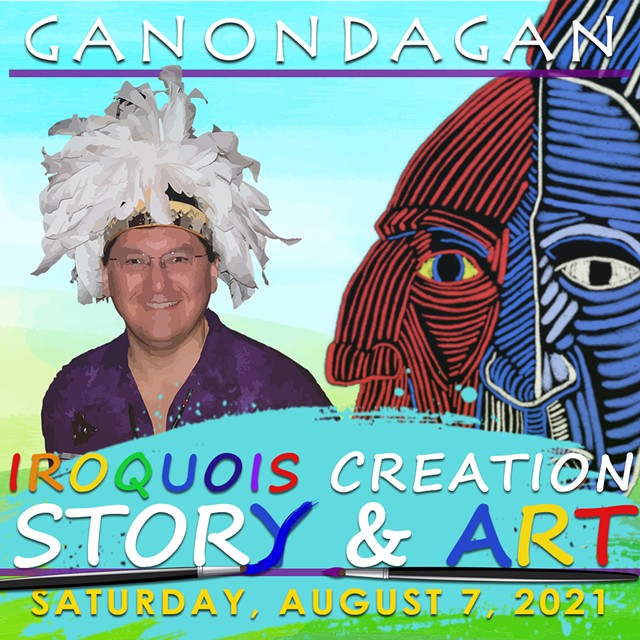 Image of Onondaga storyteller, Perry Ground and artistic rendering of the twins Flint and Skyholder by Seneca artist, Peter Jemison.