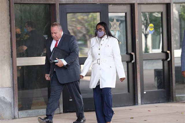 Mayor Lovely Warren and her lawyer, Joseph Damelio, enter the courthouse for her arraignment on felony charges related to alleged campaign finance violations on Oct. 5, 2020.