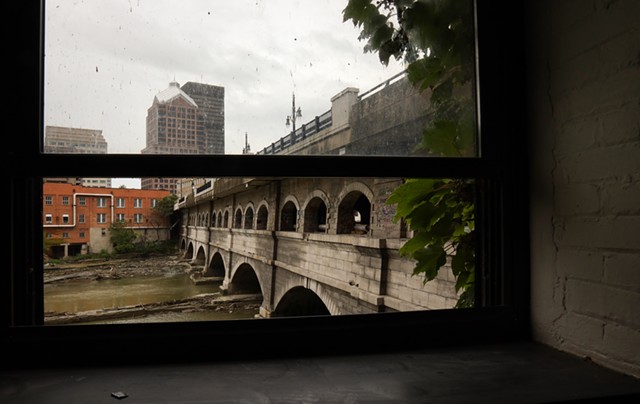 The Broad Street bridge and aqueduct, as seen from a window inside of the Aqueduct building. The city plans to remove the bridge to expose the historic Erie Canal aqueduct beneath and potentially rewater it.