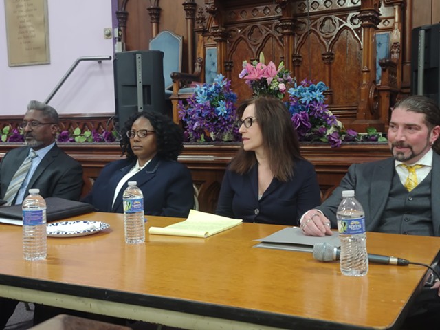 Candidates for the next Monroe County Public Defender, from left, Robert Fogg, Sara Valencia, Julie Cianca, and Andre Vitale, during a public forum Monday night.
