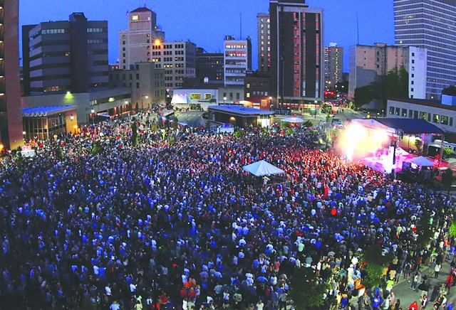 An aerial of the 2019 CGI Rochester International Jazz Festival, which featured nine nights of concerts on Parcel 5.