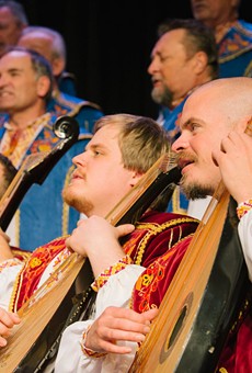 The Ukrainian Bandurist Chorus uses the bandura, an acoustic instrument with up to sixty strings, to anchor a rich melding of male choral voices in the Ukrainian folk tradition.