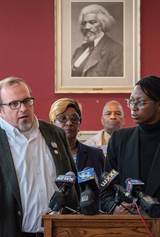 Police-oversight activists Ted Forsyth, left, and Stanley Martin, at a press conference last week urging passage of the Police Accountability Board referendum.