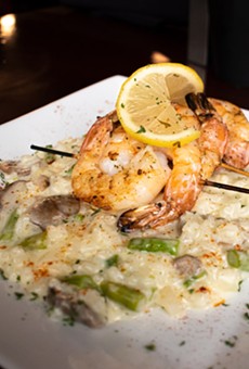 The Allandale includes grilled shrimp, seasonal veggies, Parmesan, and risotto.
