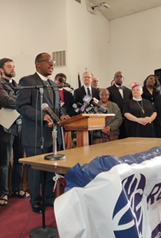 The Rev. James Simmons, right, and the Rev. Wanda Wilson, left, were among the speakers at a press conference today urging City Council  not to amend its Police Accountability Board legislation to allow former law enforcement officers to serve on the body.