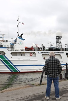 The U.S. Environmental Protection Agency's largest research vessel, the Lake Guardian, leaves the Port of Rochester where it had docked over night. Scientists aboard the ship collect data to evaluate water quality, sediment, and animal and plant life.