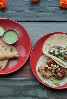 On the menu at Lulu Taqueria, from left: Smoked swordfish tacos are served with a side of salsa verde. The pork belly taco (top right) and cauliflower taco featuring avocado, peanuts, honey roja salsa (bottom right).