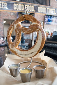 Perfect pairing for beer: the Biergarten Bavarian pretzel with an assortment of sauces, at New York Beer Project’s new Victor location.