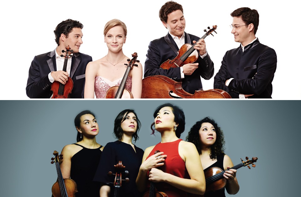 The Schumann Quartet (top) comes to Kilbourn Hall on February 23, while the Aizuri Quartet (bottom) performs on March 29 as part of the 2019-20 Eastman-Ranlet Series. - TOP PHOTO BY KAUPO KIKKAS; BOTTOM PHOTO BY SHERVIN LAINEZ