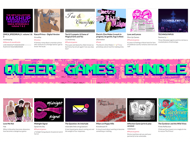 Screenshot showing twelve of the over 500 games in the Queer Games Bundle 2022