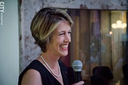 Zephyr Teachout during a stop at Village Gate. - PHOTO BY MARK CHAMBERLIN